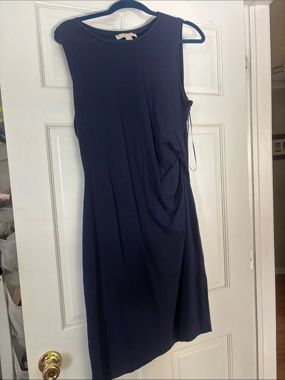 Michael Kors Navy Sleeveless Midi Dress with Side Drape